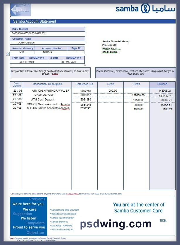 Saudi Arabia Samba Bank Account Statement (Word)